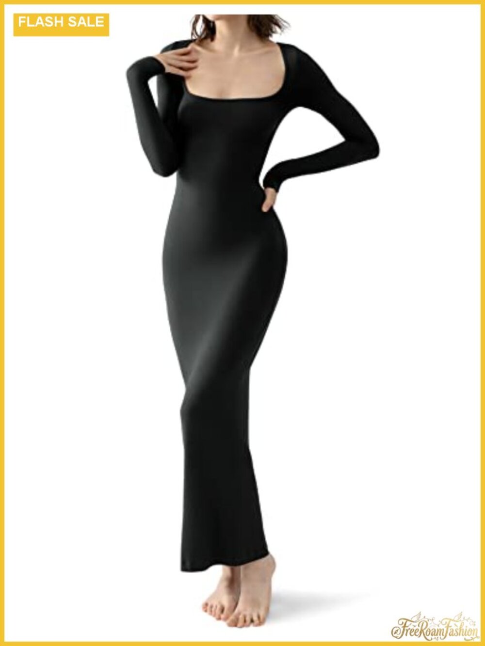 Ribbed Square Neck Long Sleeve Maxi Bodycon Dress Soft Lounge Dress